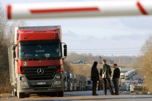 A line of trucks is seen 08 November at